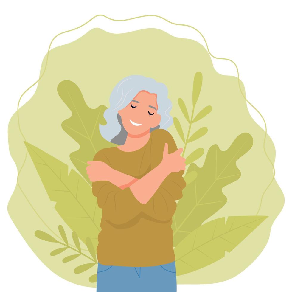 Old woman hugging herself vector