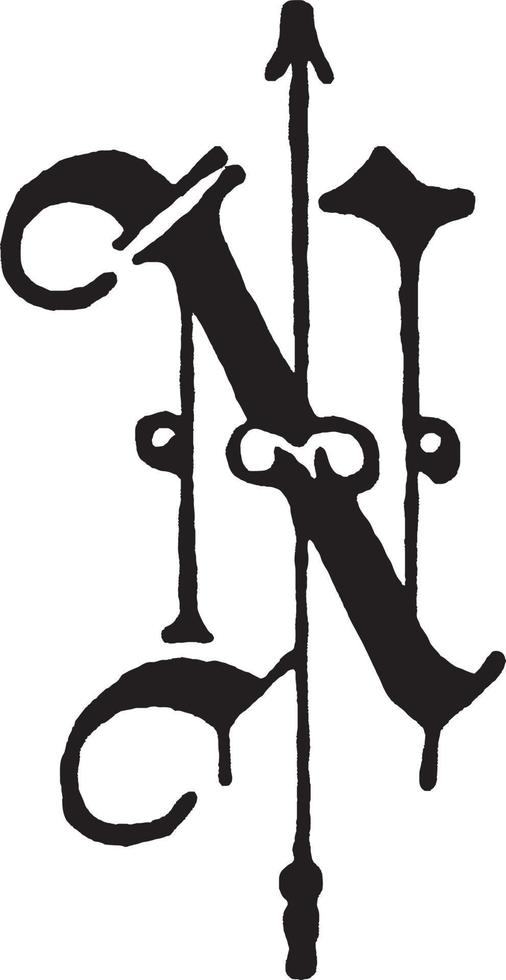 N, Old English fancy text, vintage illustration vector