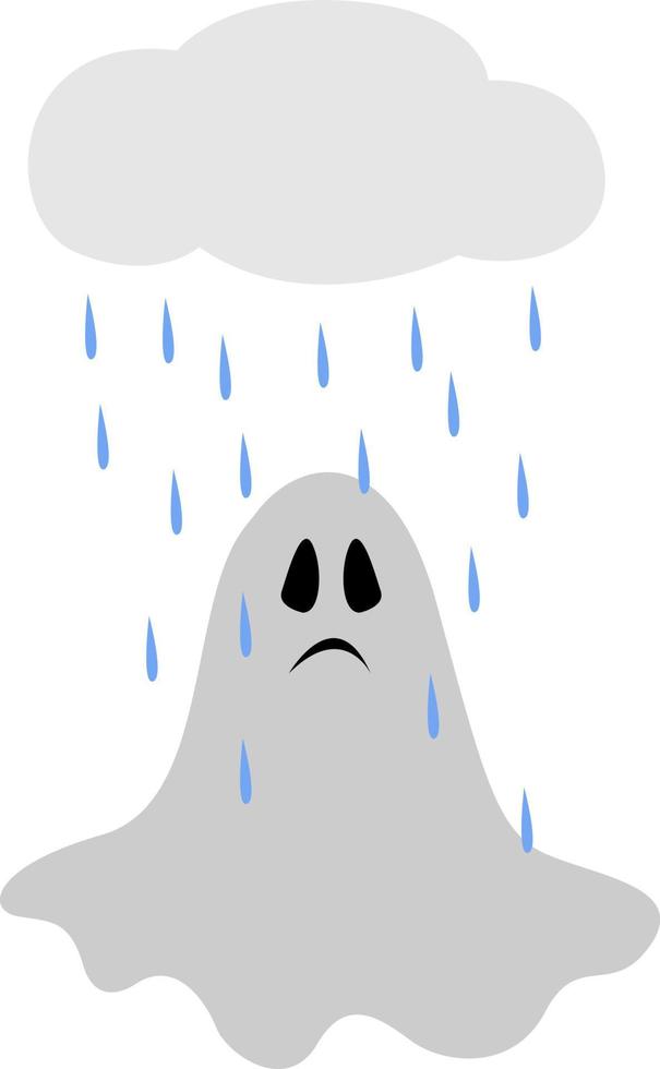 Sad ghost under cloud, illustration, vector on white background.