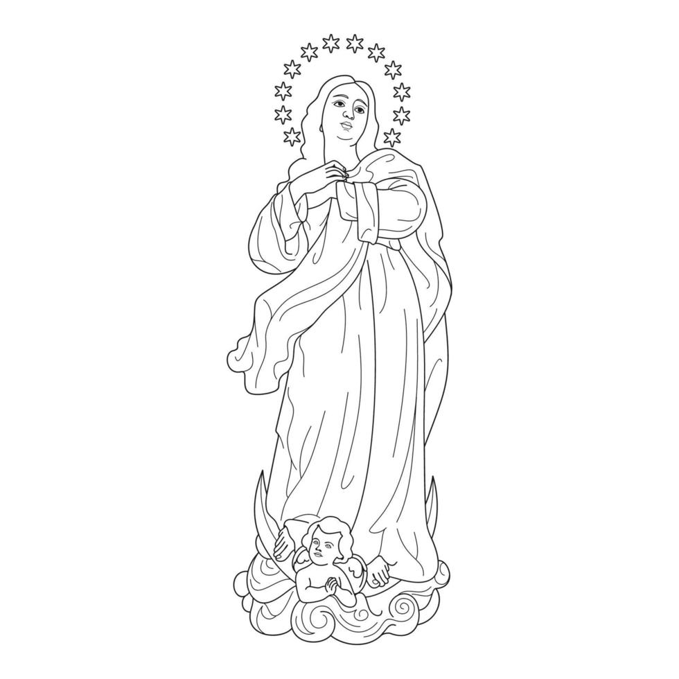 Our Lady Immaculate Conception Vector Illustration Outline Monochrome