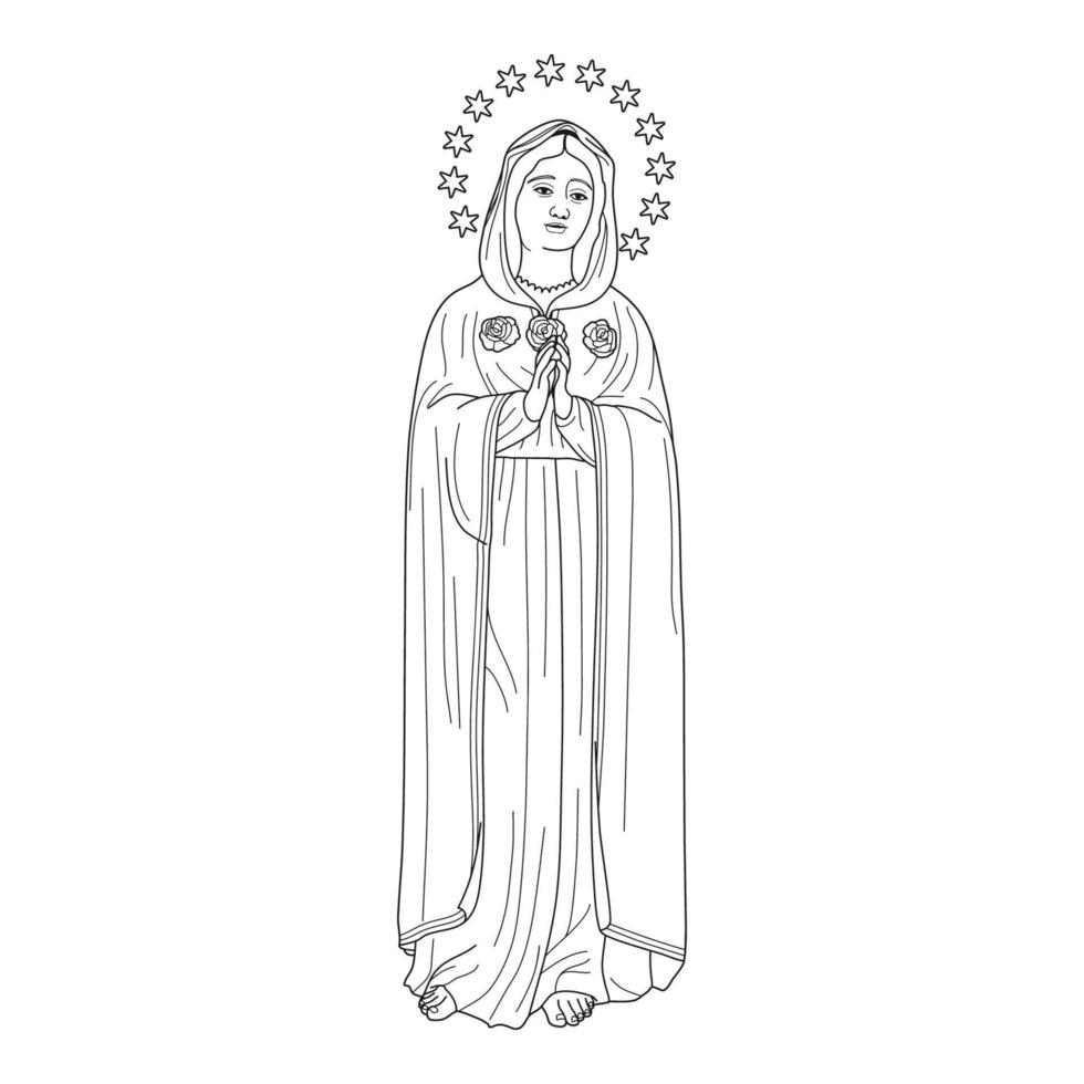 Our Lady Mystical Rose Vector Illustration Outline Monochrome