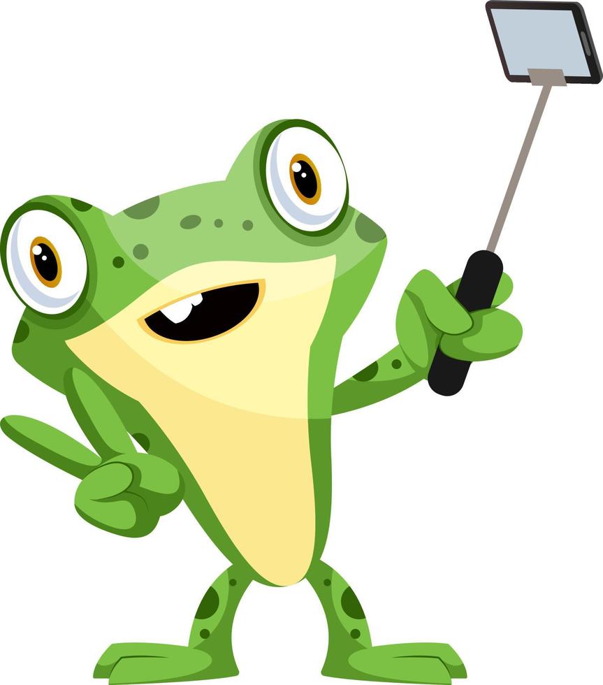 Cute, smiling baby frog, taking a selfie with a selfie stick, illustration, vector on white background.