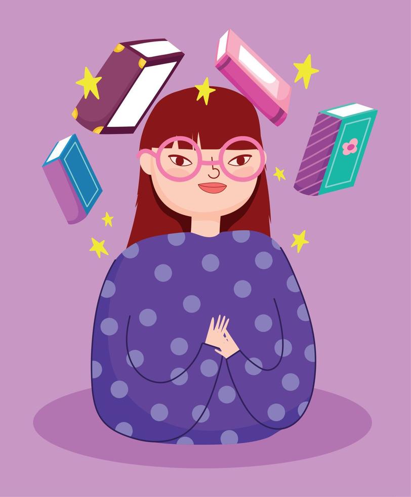 book day, teen girl and various books vector