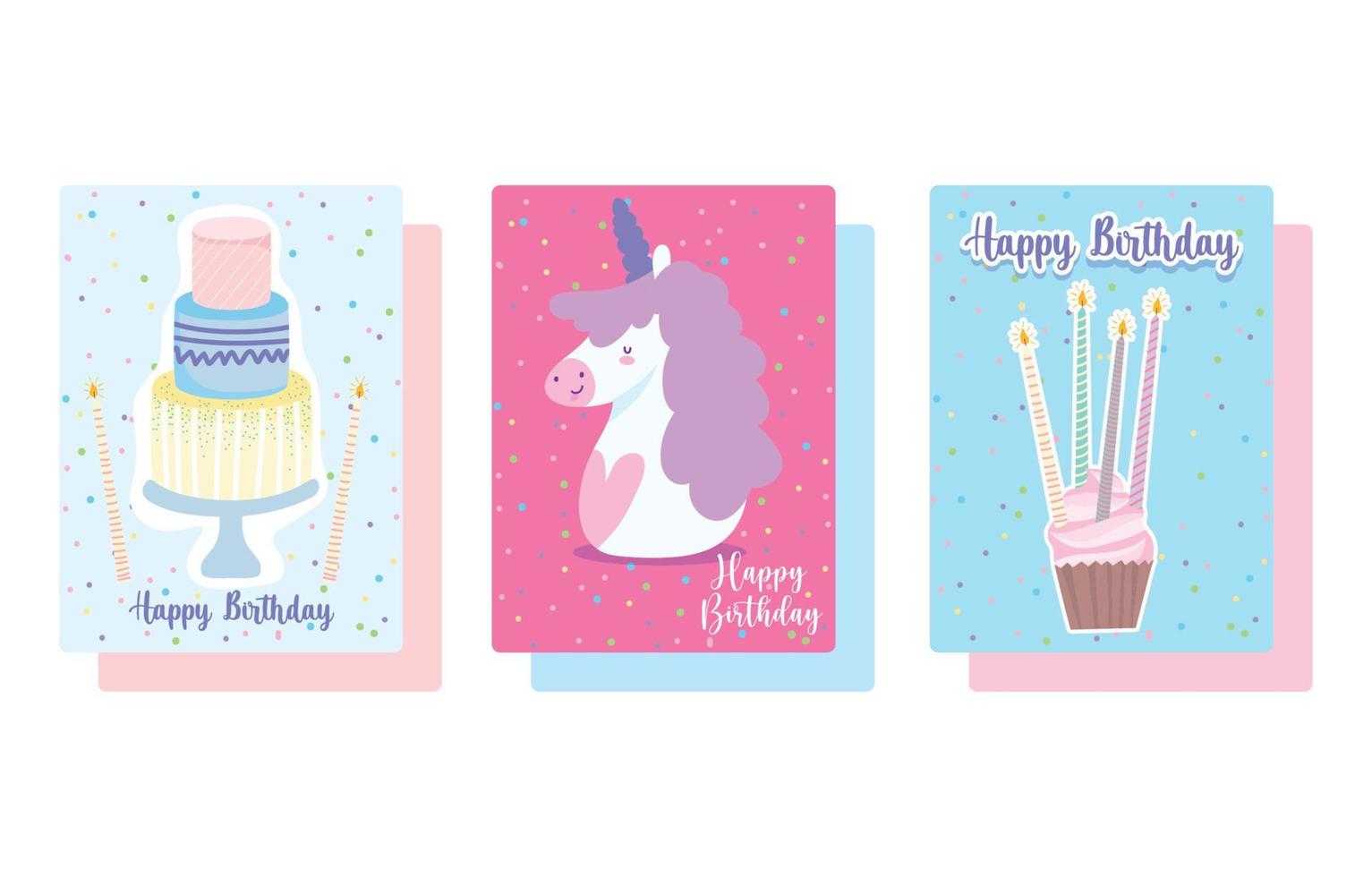 happy birthday, cute unicorn cupcake and cake with candles cartoon celebration decoration card vector