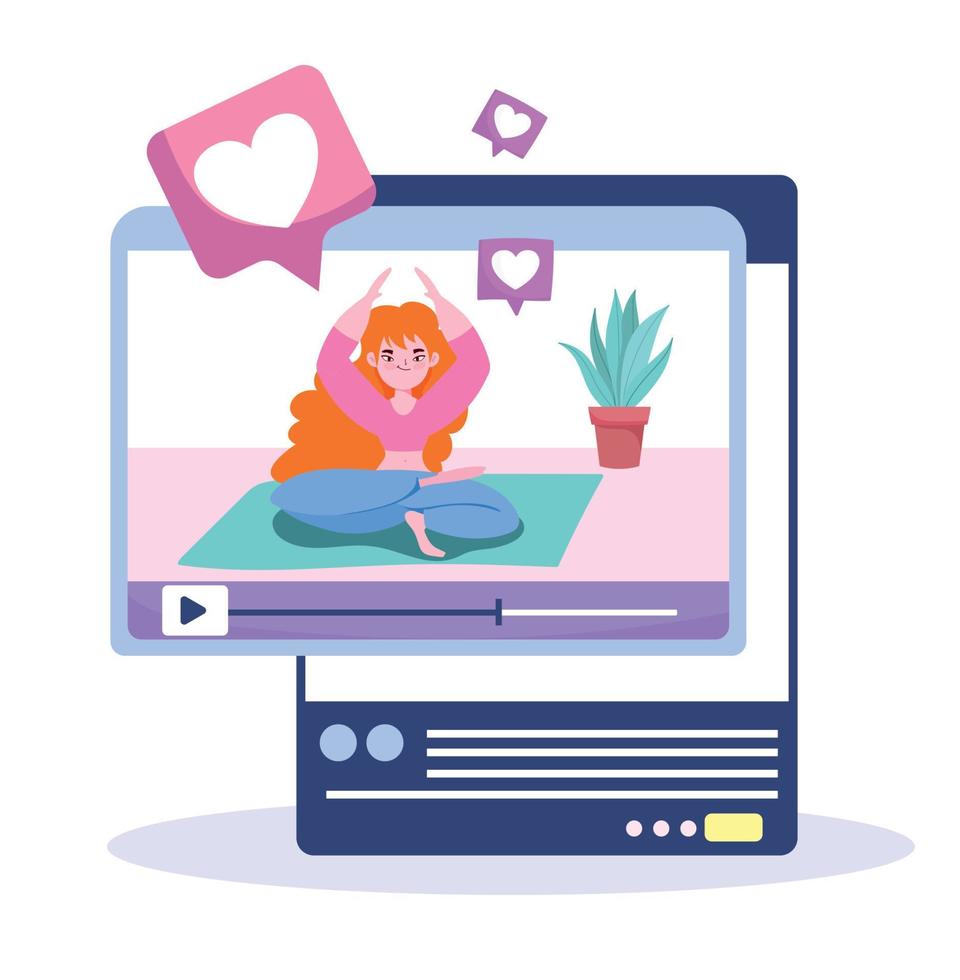 online yoga, woman sitting in yoga pose on website vector
