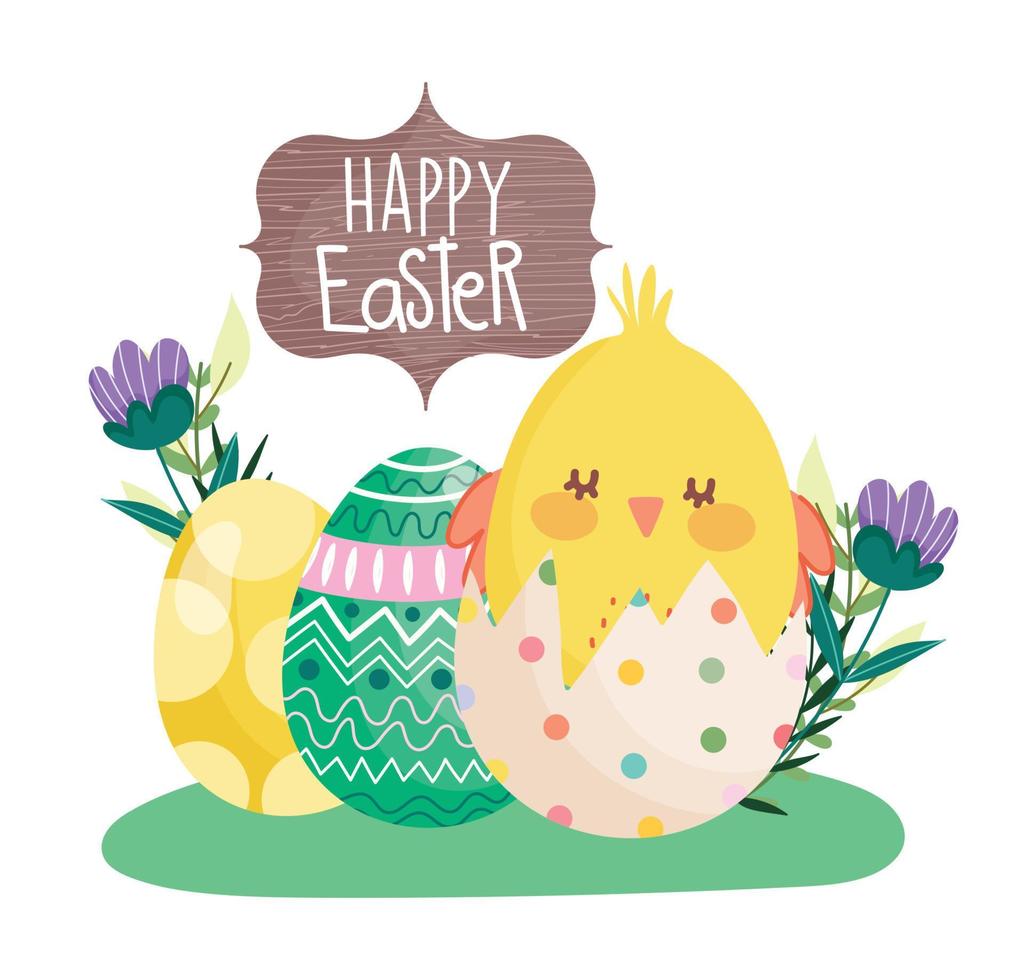 happy easter little chicken in eggshell eggs flowers decorative banner vector