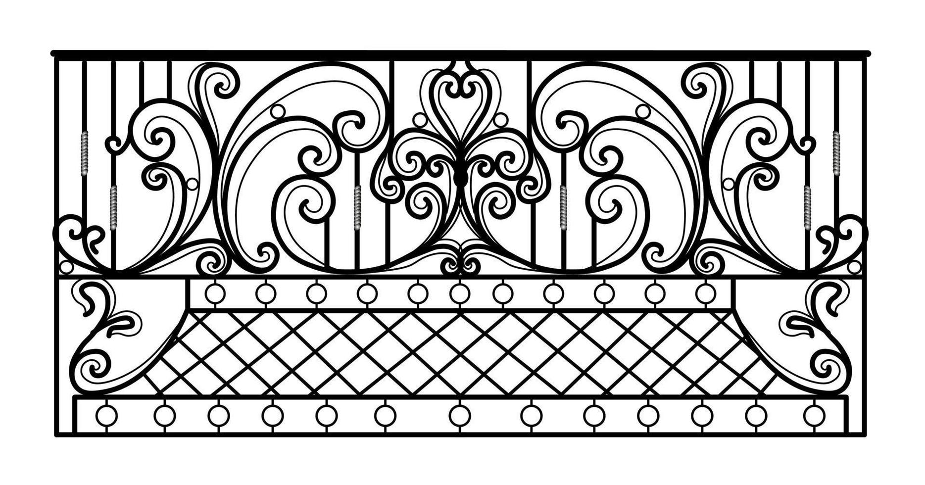 balcón de hierro forjado. barandilla de metal negro con adornos forjados sobre un fondo blanco. entrada a la terraza decorada con vector de acero. antiguo objeto vintage de arquitectura, fachada victori negro