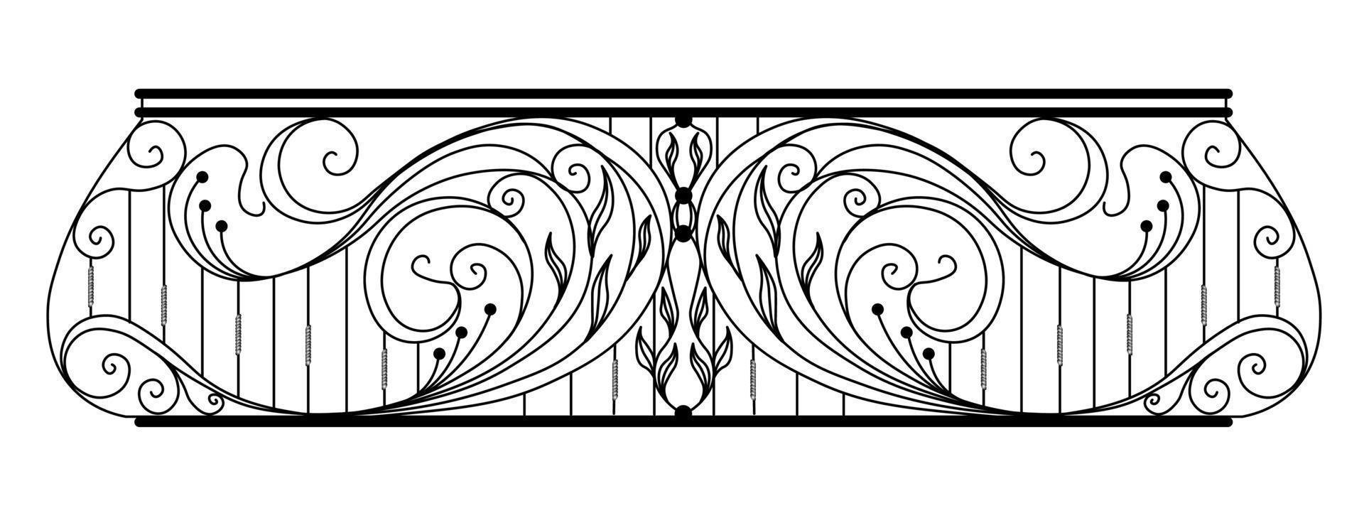 wrought iron balcony. Black metal railing with forged ornaments on a white background. entrance to the terrace decorated with steel vector. Antique vintage object of architecture, facade black victori vector