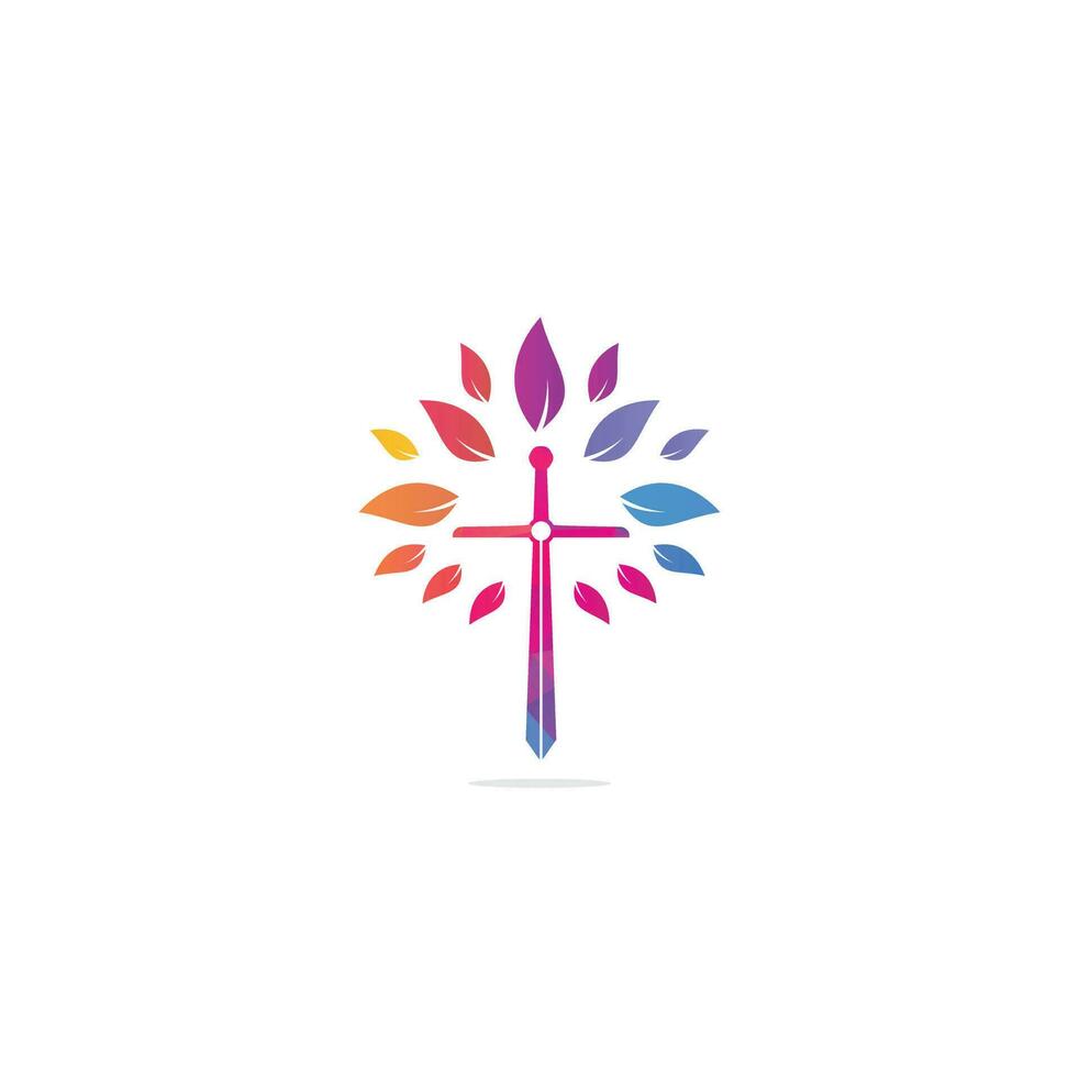 Church logo. Christian church cross praying tree logo. Christian Sword Church Cross logo design vector