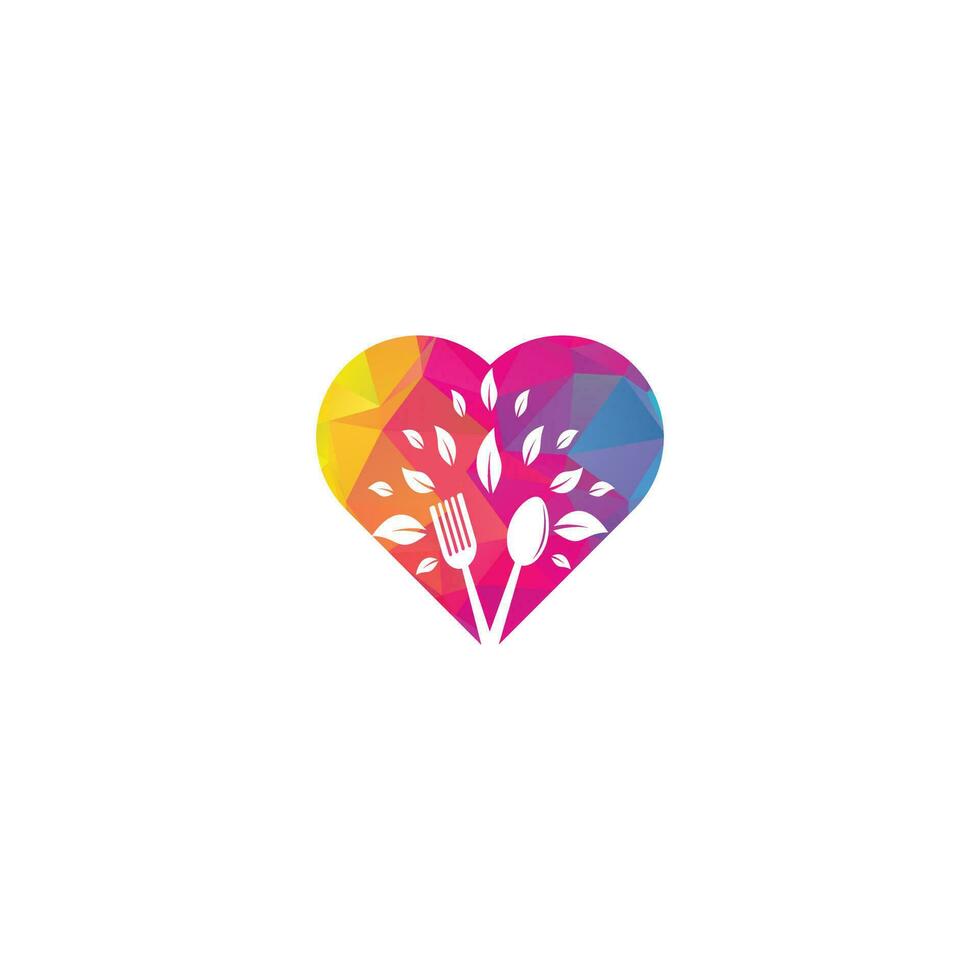 diseño de logotipo de concepto de forma de corazón de alimentos saludables. logotipo de alimentos orgánicos. logo de comida con cuchara, tenedor y hojas. logotipo de comida vector