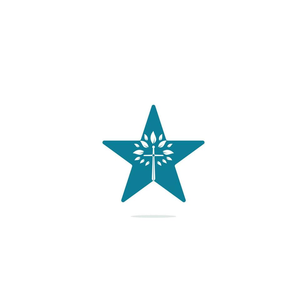 logotipo del concepto de forma de estrella de la iglesia. logotipo del árbol de oración de la cruz de la iglesia cristiana. diseño de logotipo de cruz de iglesia de espada cristiana vector