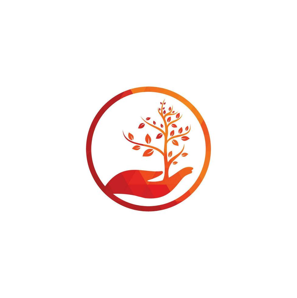 árbol en el diseño del logotipo del vector de la mano. logotipo de productos naturales. diseño de logotipo de árbol de mano