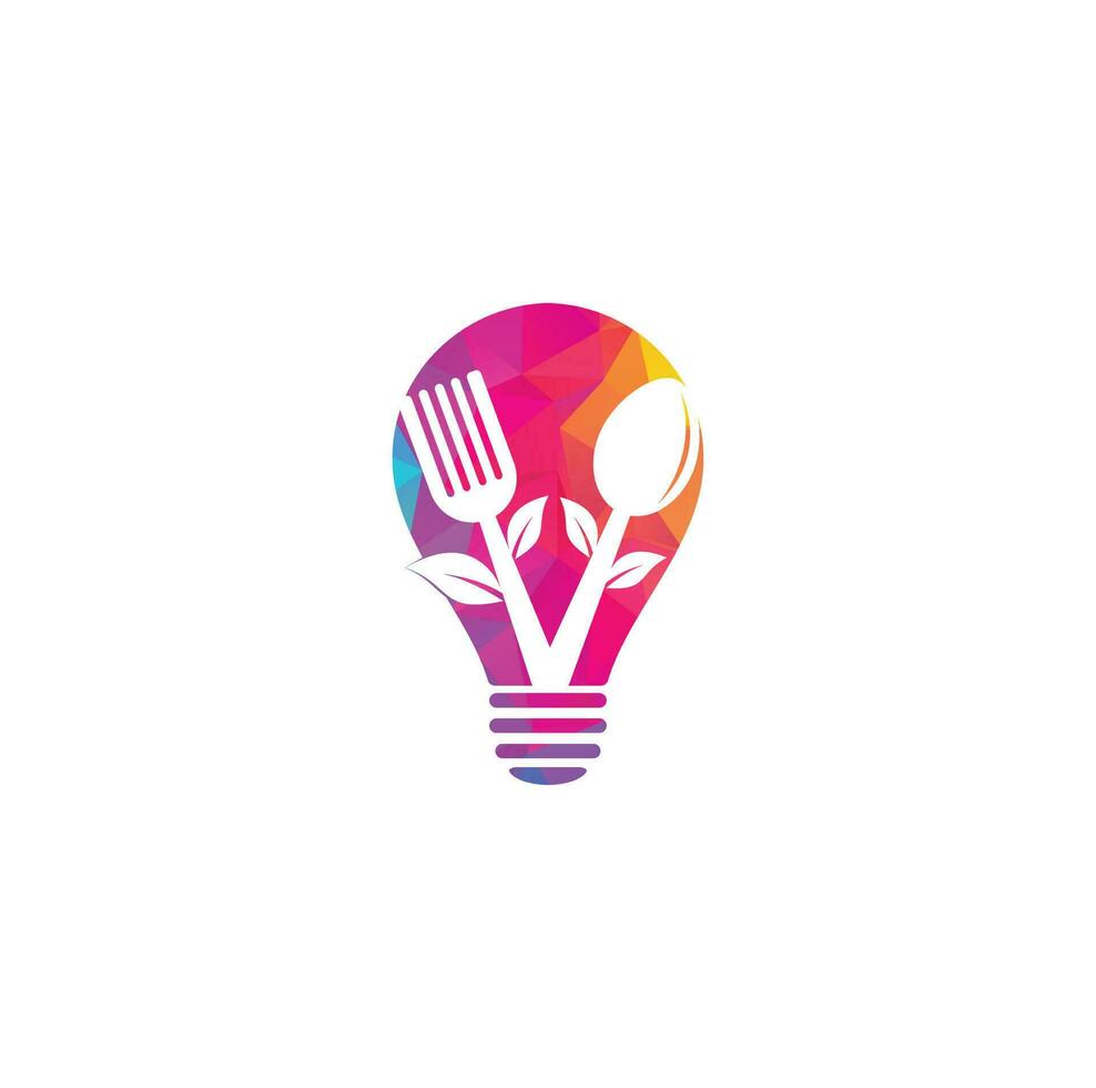 diseño de logotipo de concepto de forma de bulbo de alimentos saludables. logotipo de alimentos orgánicos. logo de comida con cuchara, tenedor y hojas. logotipo de comida. vector