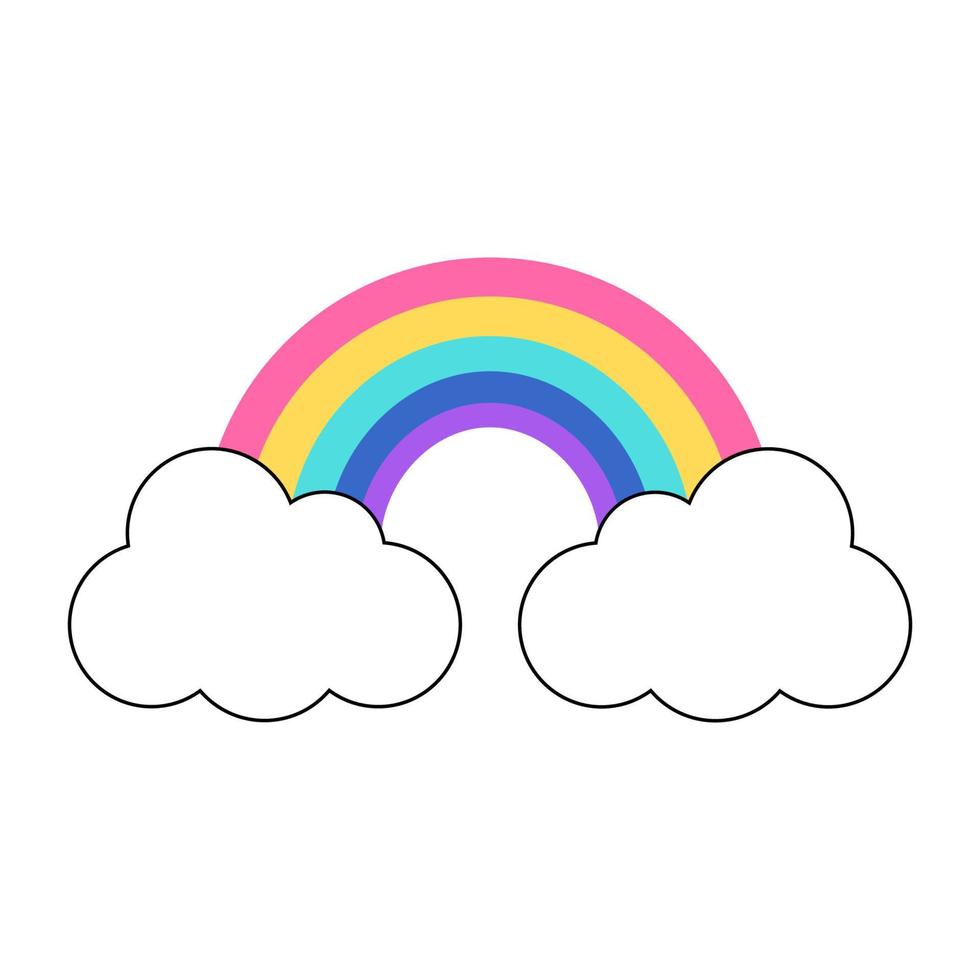 Y2k groovy element. Colorful rainbow with clouds isolated on white background. 2000 vibes collection. 2000s cartoon hand drawn vector illustration.