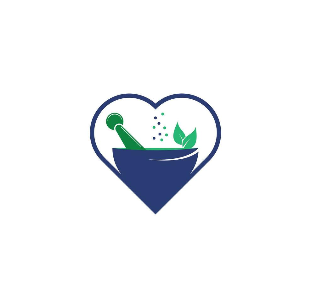 Pharmacy medical heart shape concept logo. Natural mortar and pestle logo. vector