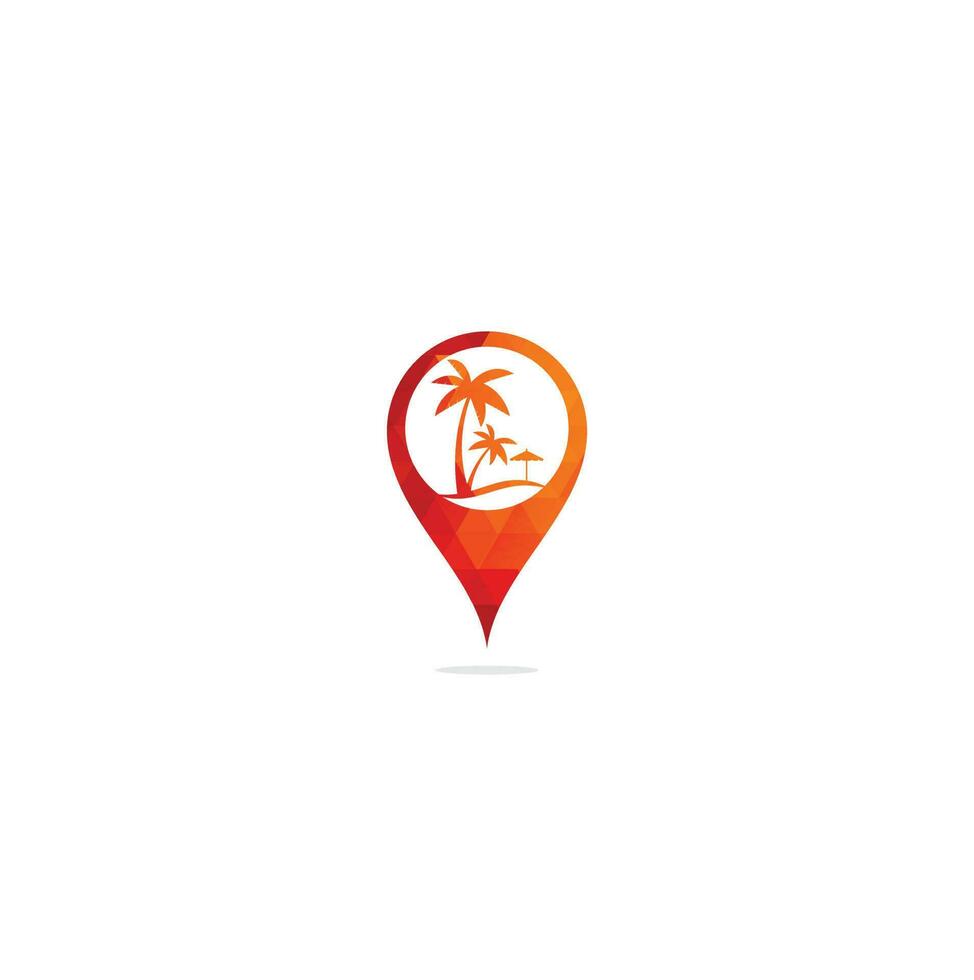 plantilla de diseño de logotipo de concepto de forma de pin de mapa de playa. diseños de logotipos de verano. diseño de logo de playa tropical y palmera. vector