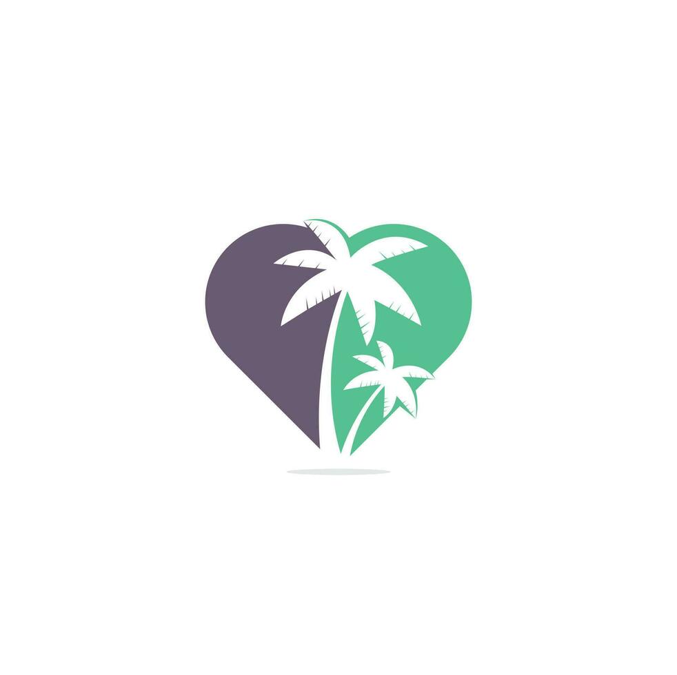 diseño de logo de playa tropical y palmera. diseño de logotipo de vector de concepto de forma de corazón de palmera