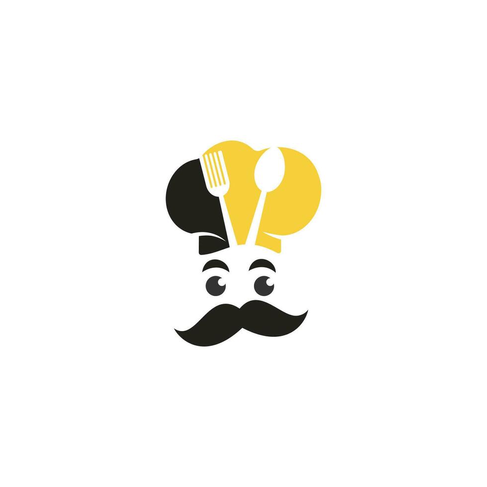 diseño de logotipo de vector de maestro chef. jefe de cocina con bigote y logotipo vectorial de barba. cabeza de chef con cuchara y tenedor