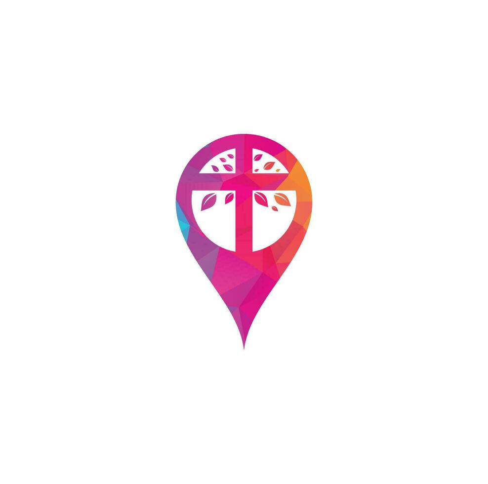 Cross Church map pin shape concept Logo Design. Abstract Tree religious cross symbol icon vector design. Church and Christian organization logo.