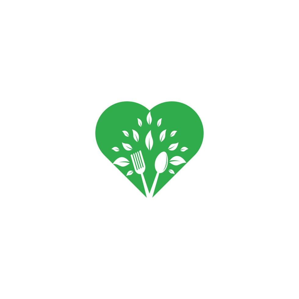 Healthy Food heart shape concept Logo design. Organic Food Logo . Food logo with spoon, fork, and leaves. Food logo vector