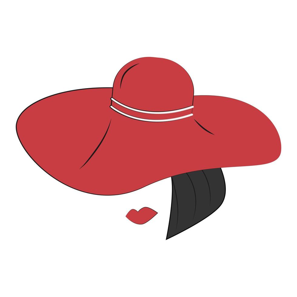 An abstract stylized drawing of a female face with red lips and wide-brimmed hat. Sticker. Isolate vector