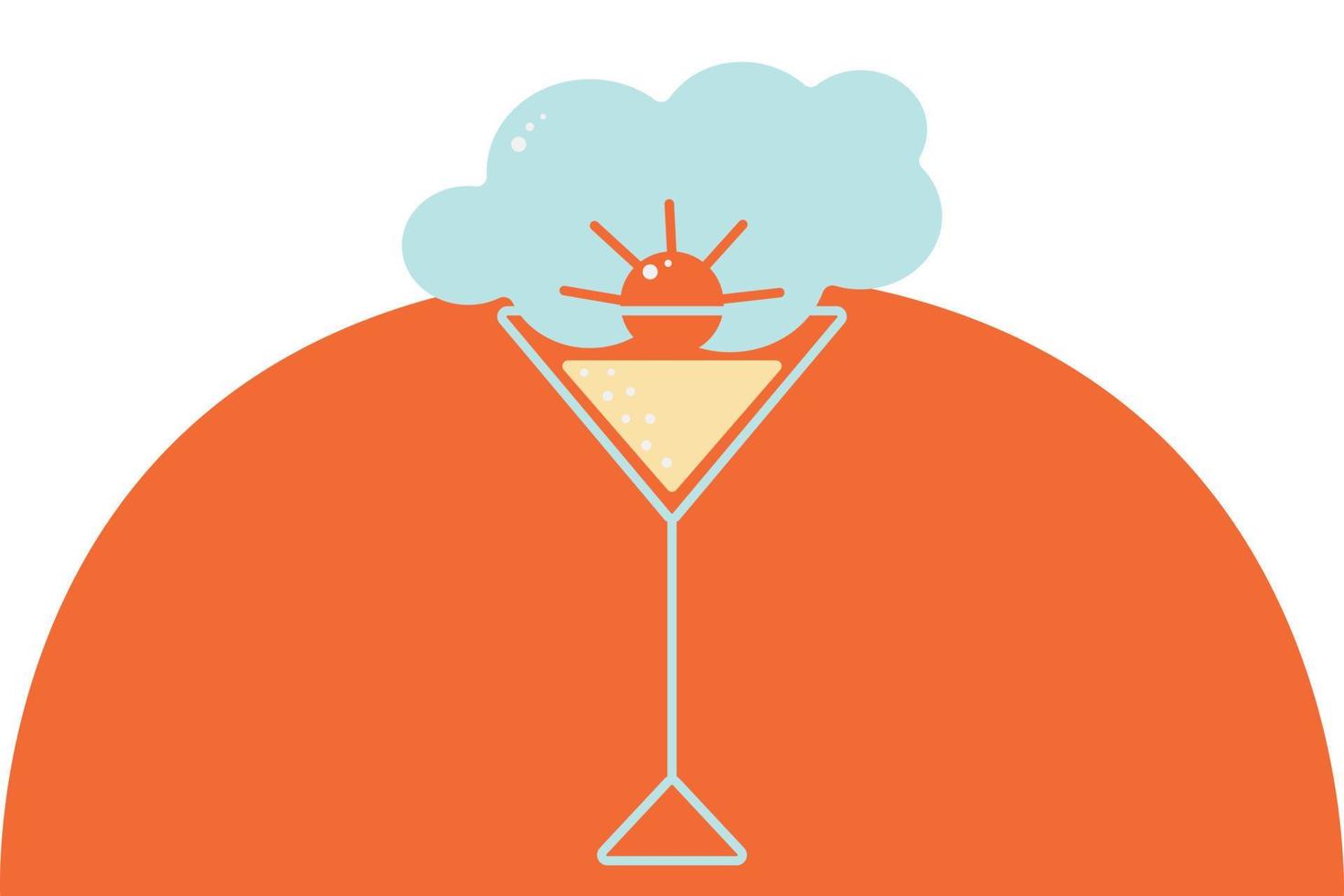 Stylized image of a glass with an abstract cloud and sun on an orange circle background. Isolate vector