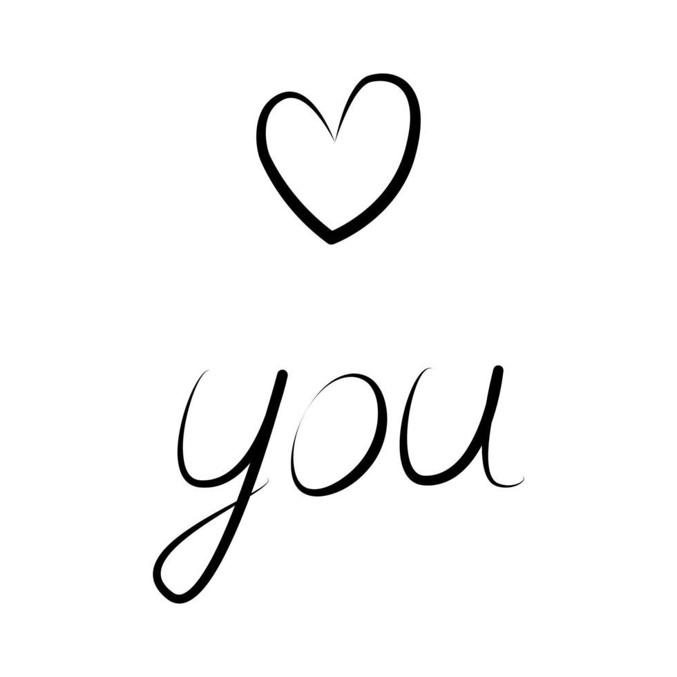 Love you. Hand drawn text with heart shape in minimalist style. Line art. Calligraphic design. vector