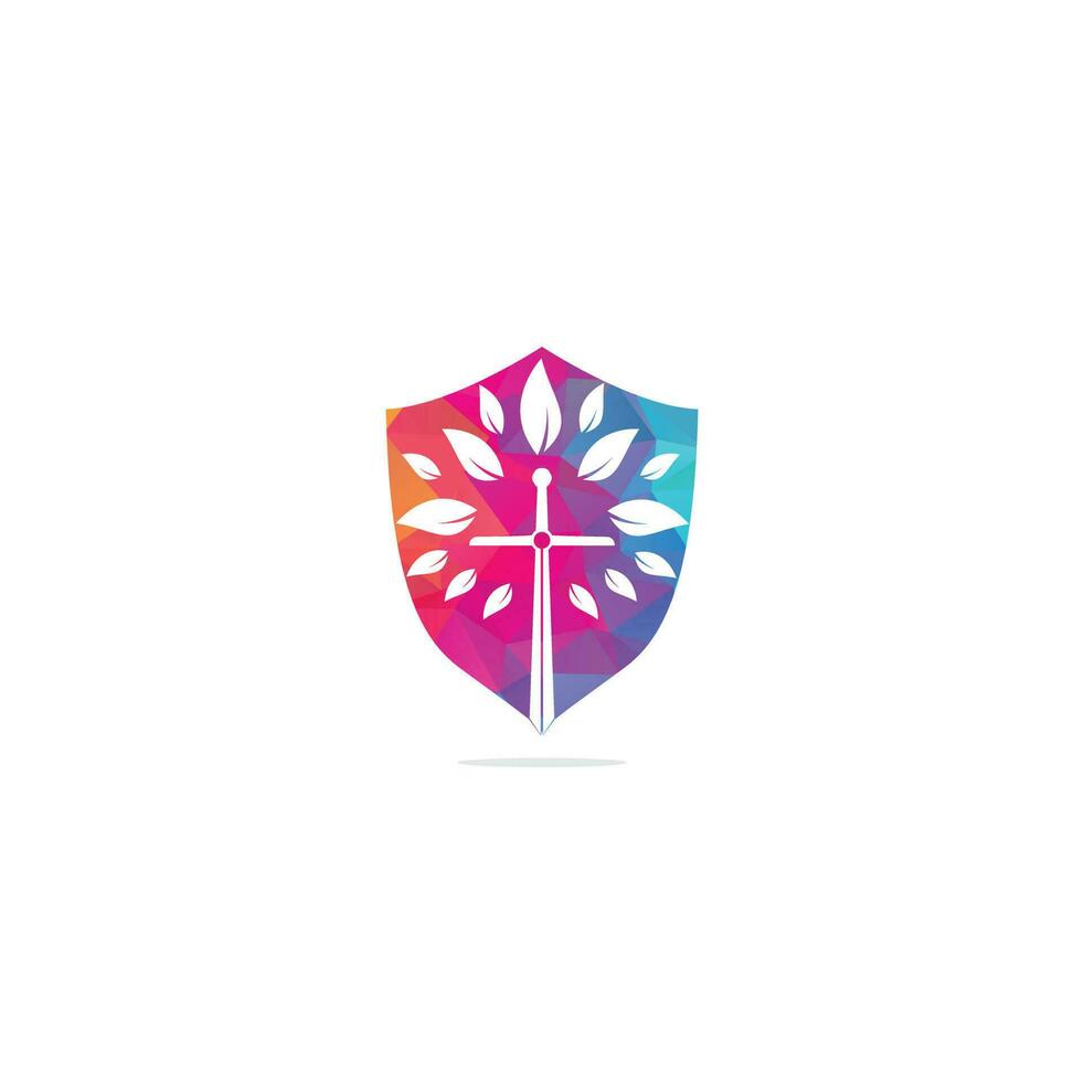 Church logo. Christian church cross praying tree logo. Christian Sword Church Cross logo design vector