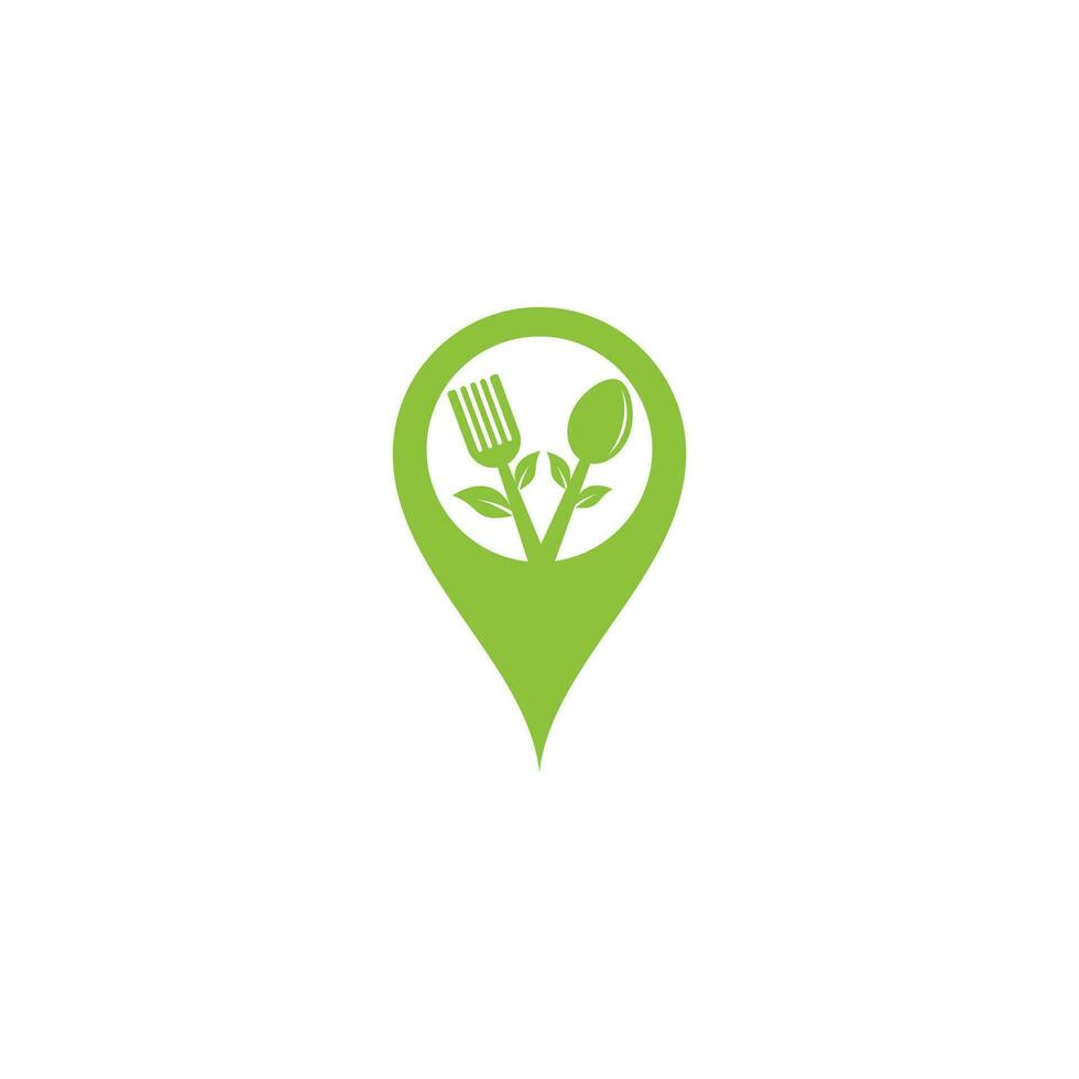 diseño de logotipo de concepto de forma de pin de mapa de alimentos saludables. logotipo de alimentos orgánicos. logo de comida con cuchara, tenedor y hojas. logotipo de comida. vector