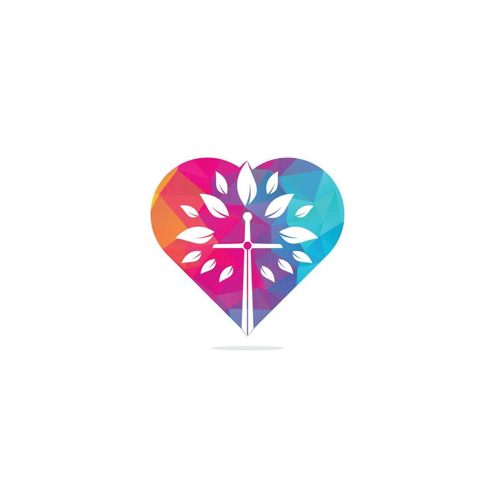 Church heart shape concept logo. Christian church cross praying tree logo. Christian Sword Church Cross logo design vector