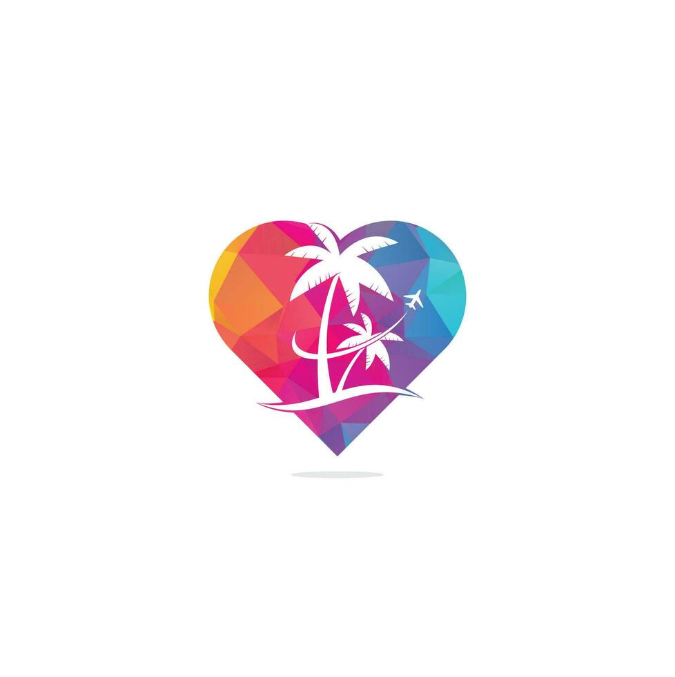 diseño de icono de logotipo de concepto de forma de corazón de viaje de playa. plantilla de logotipo de viaje. palmera con vector de plantilla de logotipo de ola oceánica.