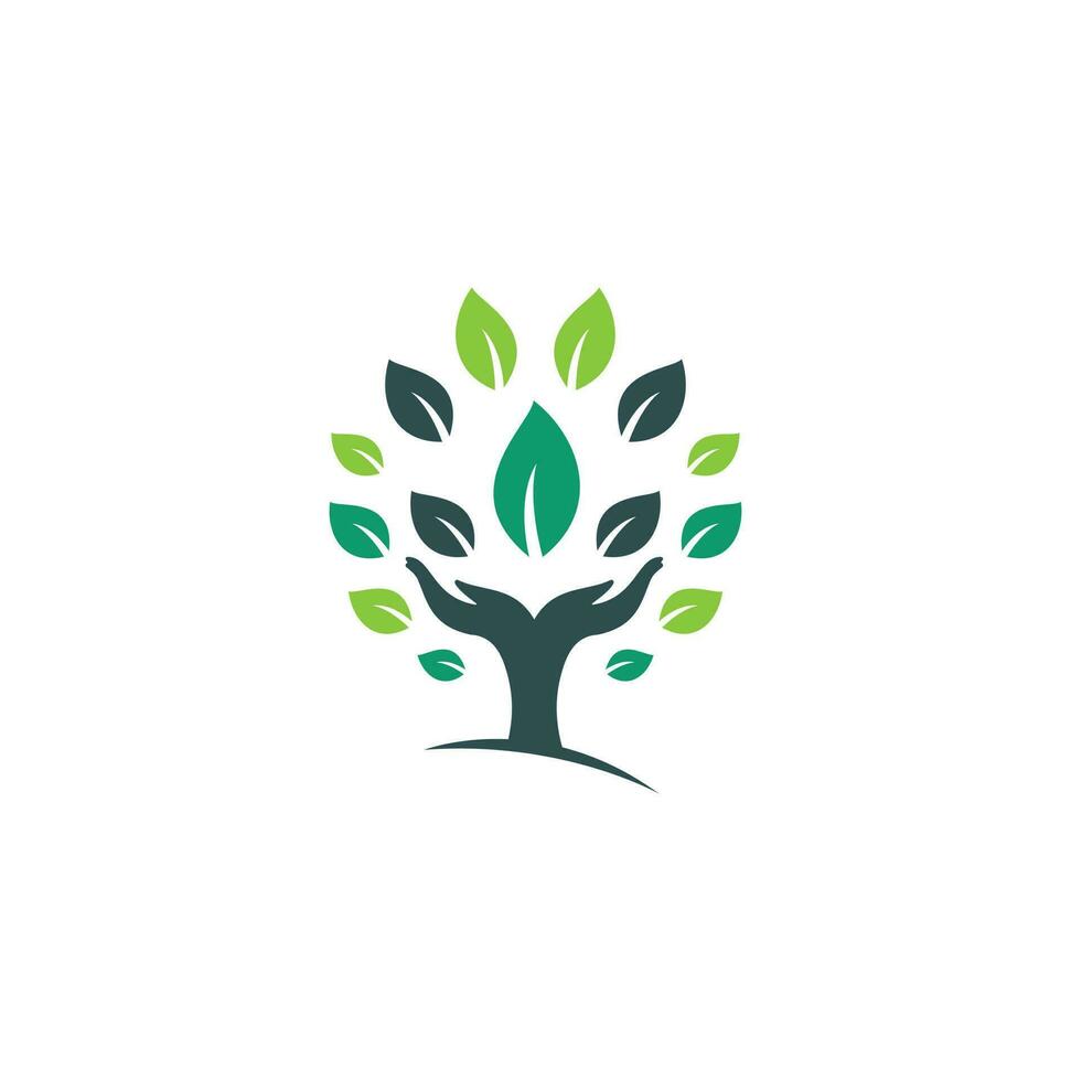 diseño creativo del logotipo del árbol de la mano verde. logotipo de productos naturales. vector