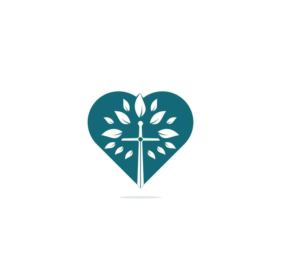 logotipo del concepto de forma de corazón de la iglesia. logotipo del árbol de oración de la cruz de la iglesia cristiana. diseño de logotipo de cruz de iglesia de espada cristiana vector