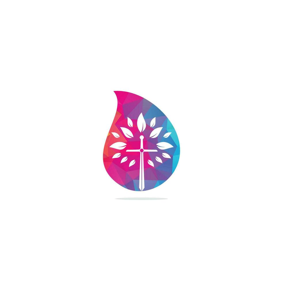 Church drop shape concept logo. Christian church cross praying tree logo. Christian Sword Church Cross logo design vector