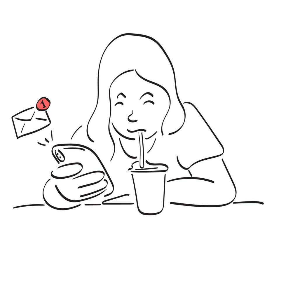 mujer de arte de línea leyendo correo electrónico en su teléfono inteligente y bebiendo café helado en la mesa ilustración vector dibujado a mano aislado sobre fondo blanco