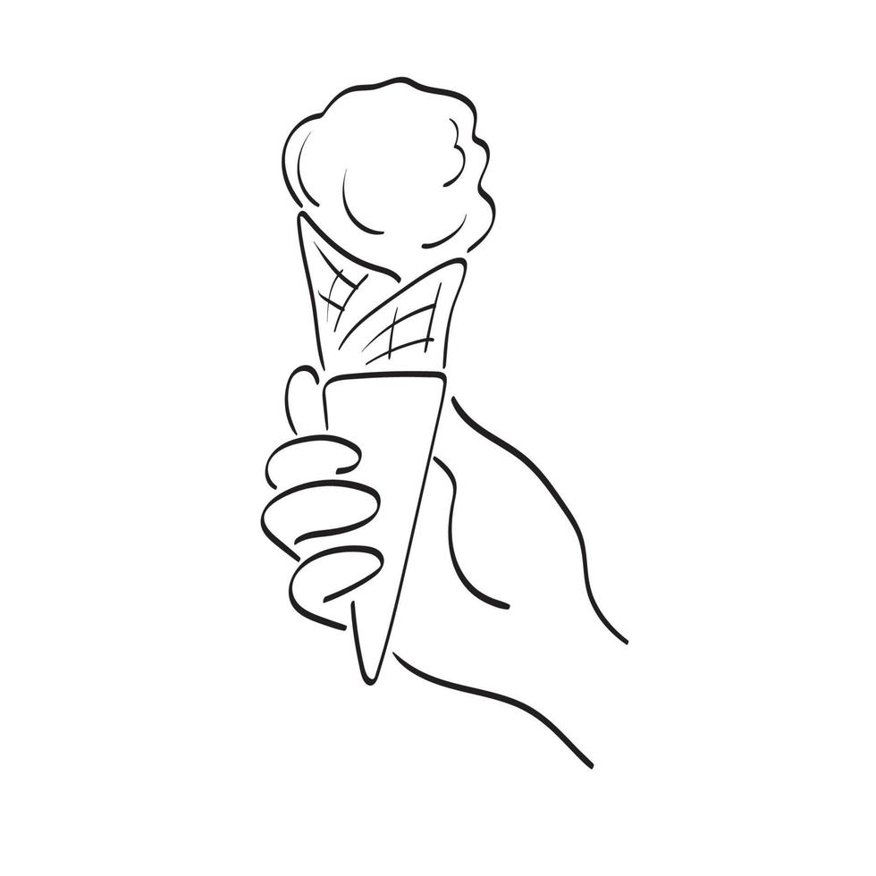 line art closeup hand holding cone  ice cream illustration vector hand drawn isolated on white background