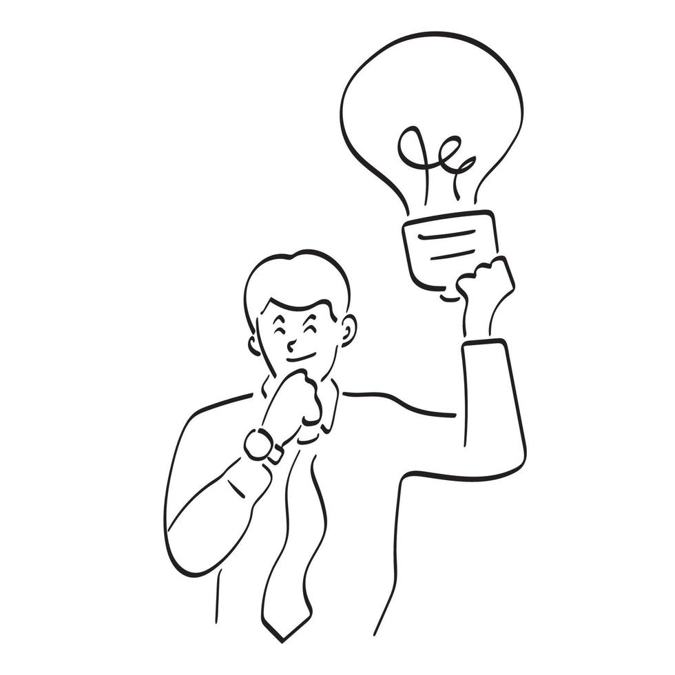 line art businessman holding light bulb illustration vector hand drawn isolated on white background