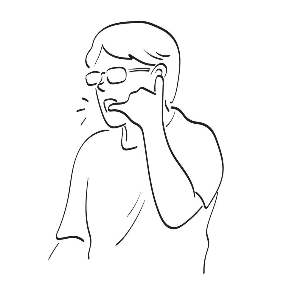 hombre de arte de línea con gafas haciendo gesto de teléfono ilustración vector dibujado a mano aislado sobre fondo blanco