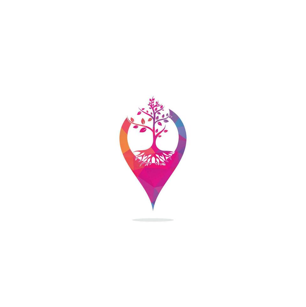 Tree Roots map pin shape concept vector logo design. Vector tree with roots logo element.