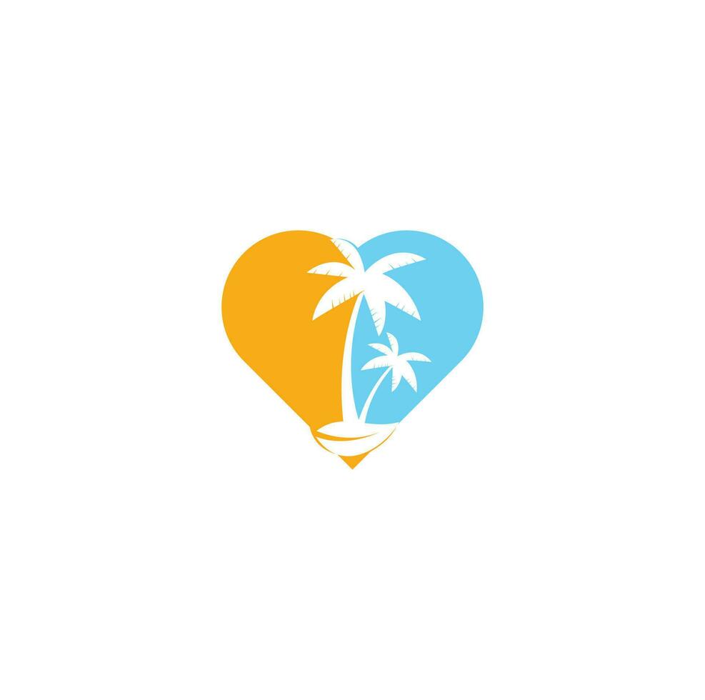 diseño de logo de playa tropical y palmera. diseño de logotipo de vector de concepto de forma de corazón de palmera simple creativo. logotipo de playa