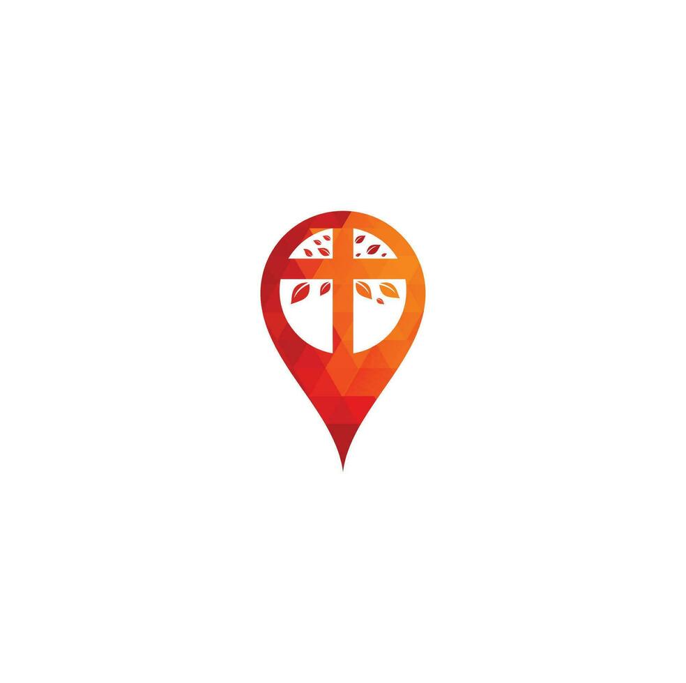 Cross Church map pin shape concept Logo Design. Abstract Tree religious cross symbol icon vector design. Church and Christian organization logo.