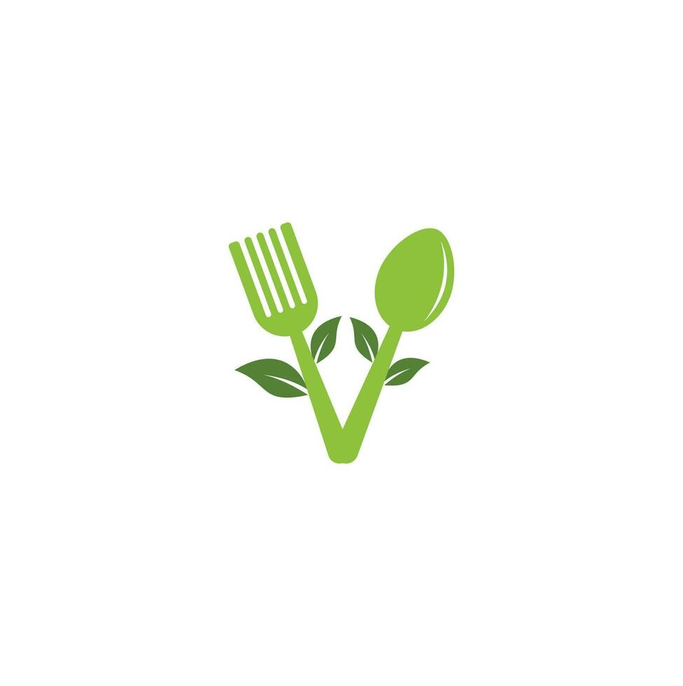 Healthy Food Logo design. Organic Food Logo . Food logo with spoon, fork, and leaves. Food logo. Leaf cutlery healthy food Logo vector