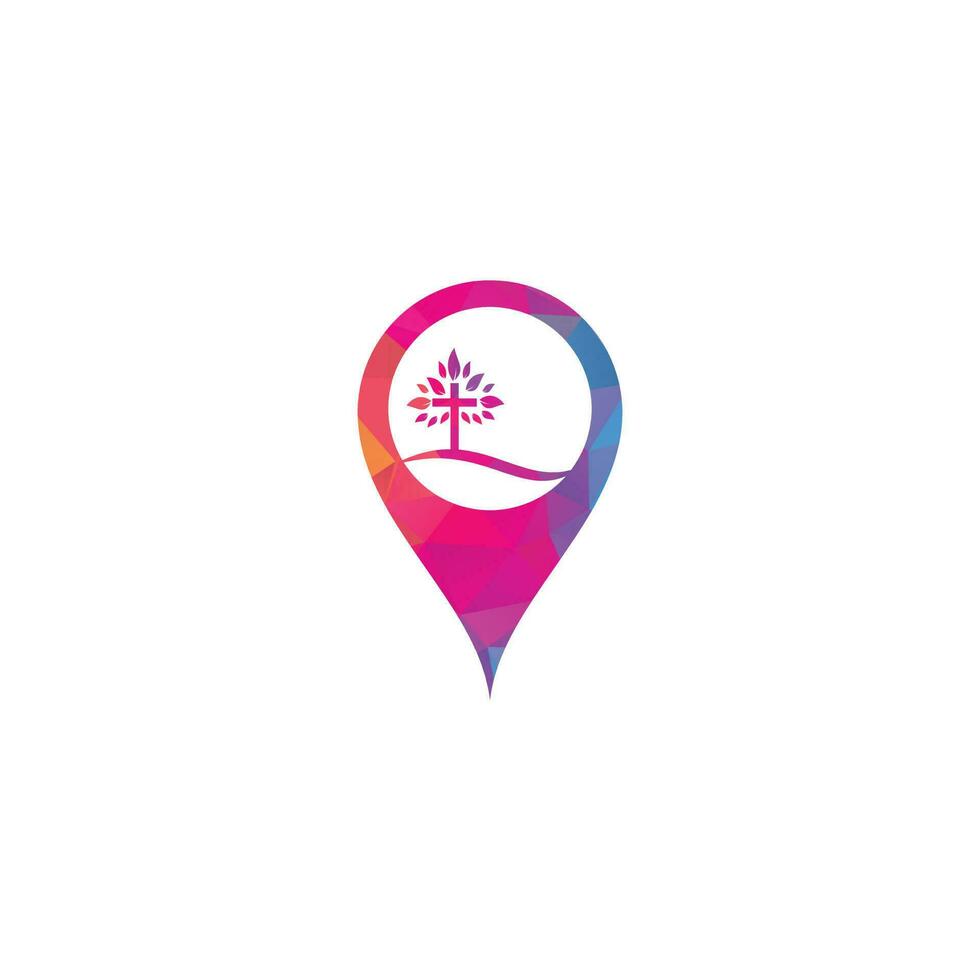 Tree religious cross symbol icon vector design. Cross tree map pin shape concept logo design