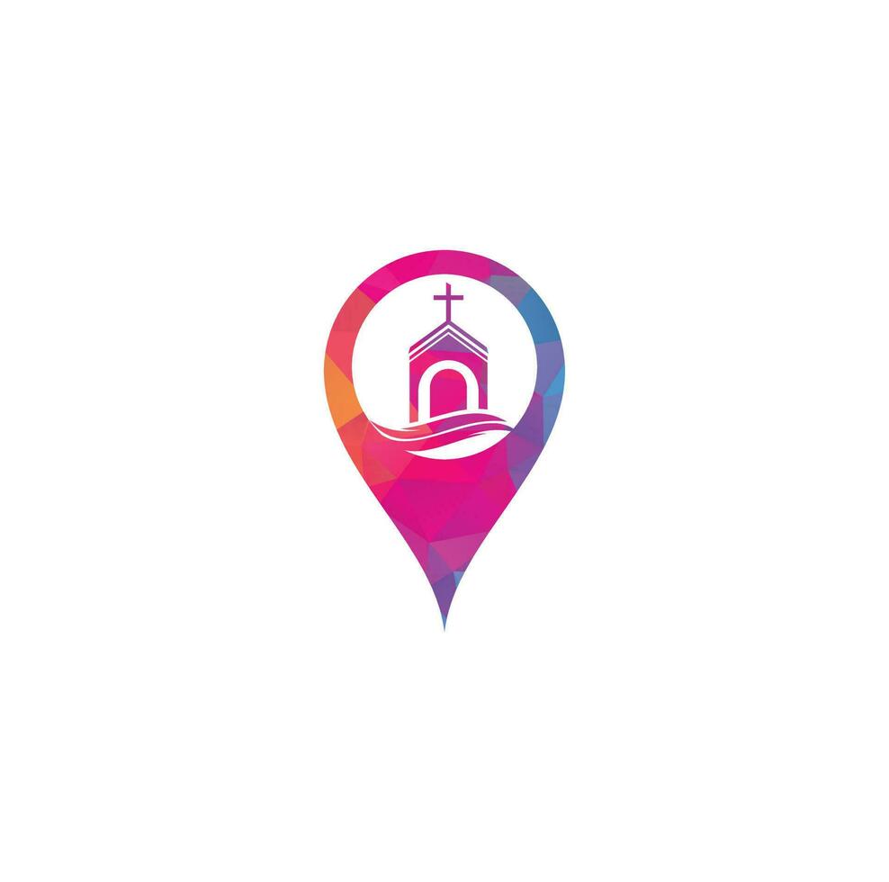 Church building map pin shape concept logo design. Template logo for churches and Christian. Cross church building logo. vector