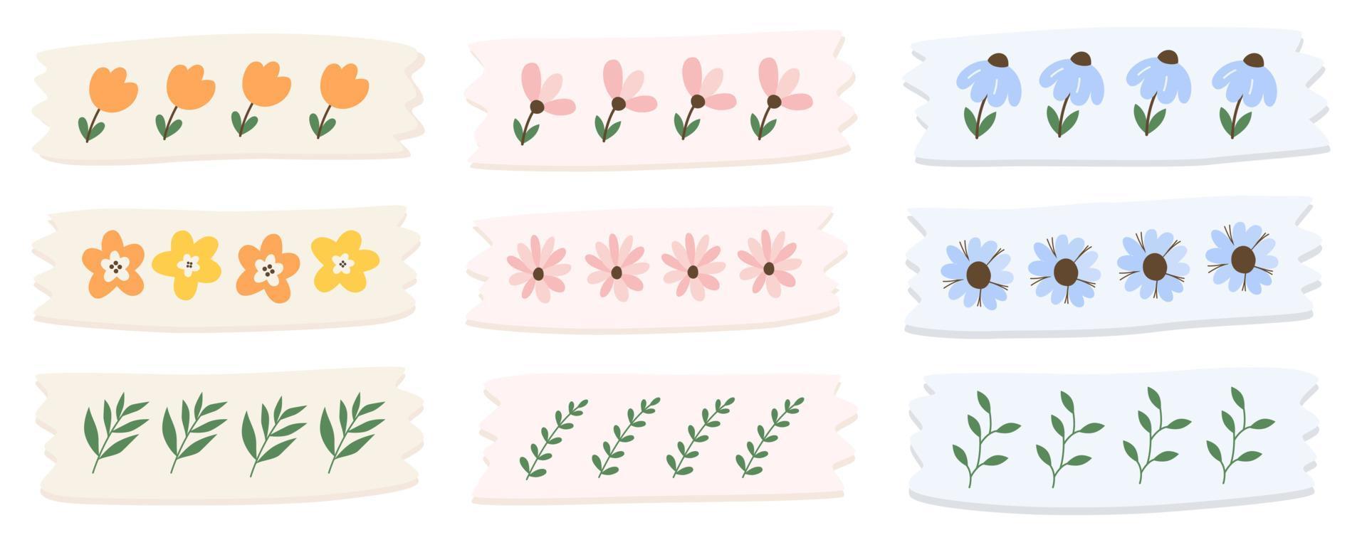 Set of cute washi tape with floral and leaves theme. Orange, pink and blue washi tape. vector