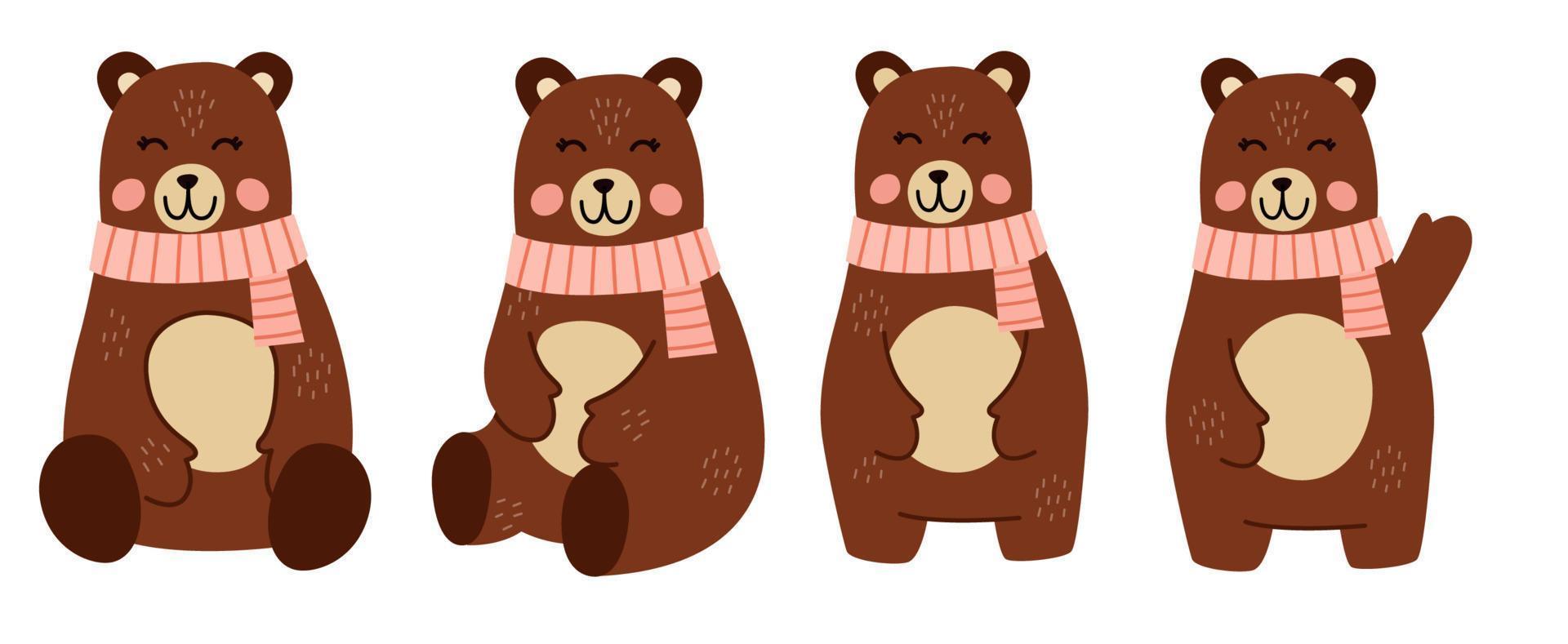 Brown Bear Vector Illustration Set. Autumn Bear wearing Scraft. Adorable Animal.
