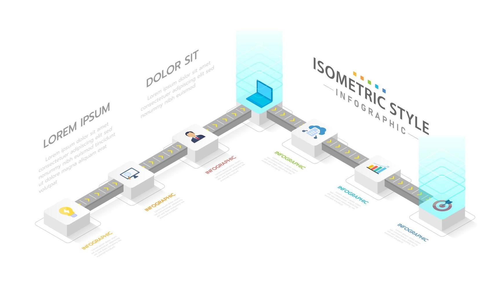 Infographic template for business. 6 Steps Modern Isometric Timeline diagram with conveyor concept, corporate isometric presentation vector infographic. Presentation slide template.