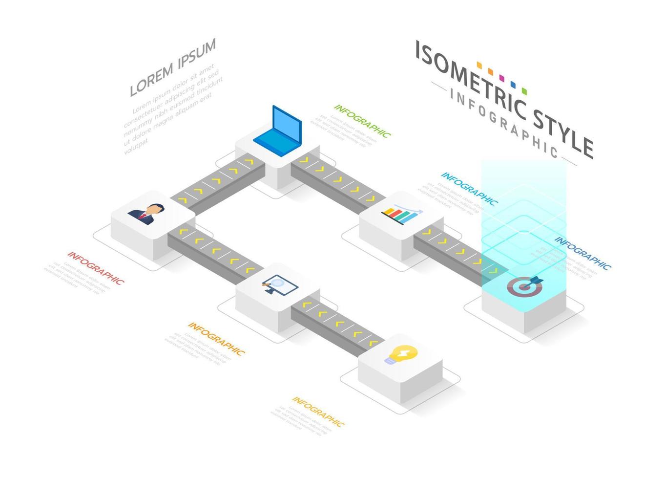 Infographic template for business. 6 Steps Modern Isometric Timeline diagram with conveyor concept, corporate isometric presentation vector infographic. Presentation slide template.
