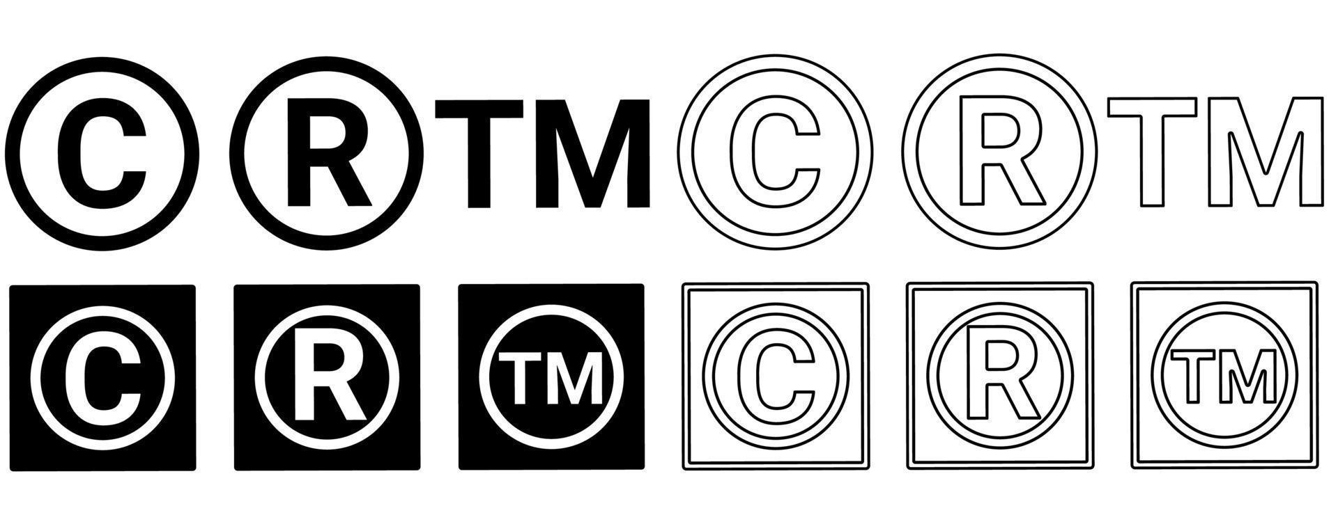 conjunto de símbolos de marca registrada de derechos de autor aislado sobre fondo blanco vector
