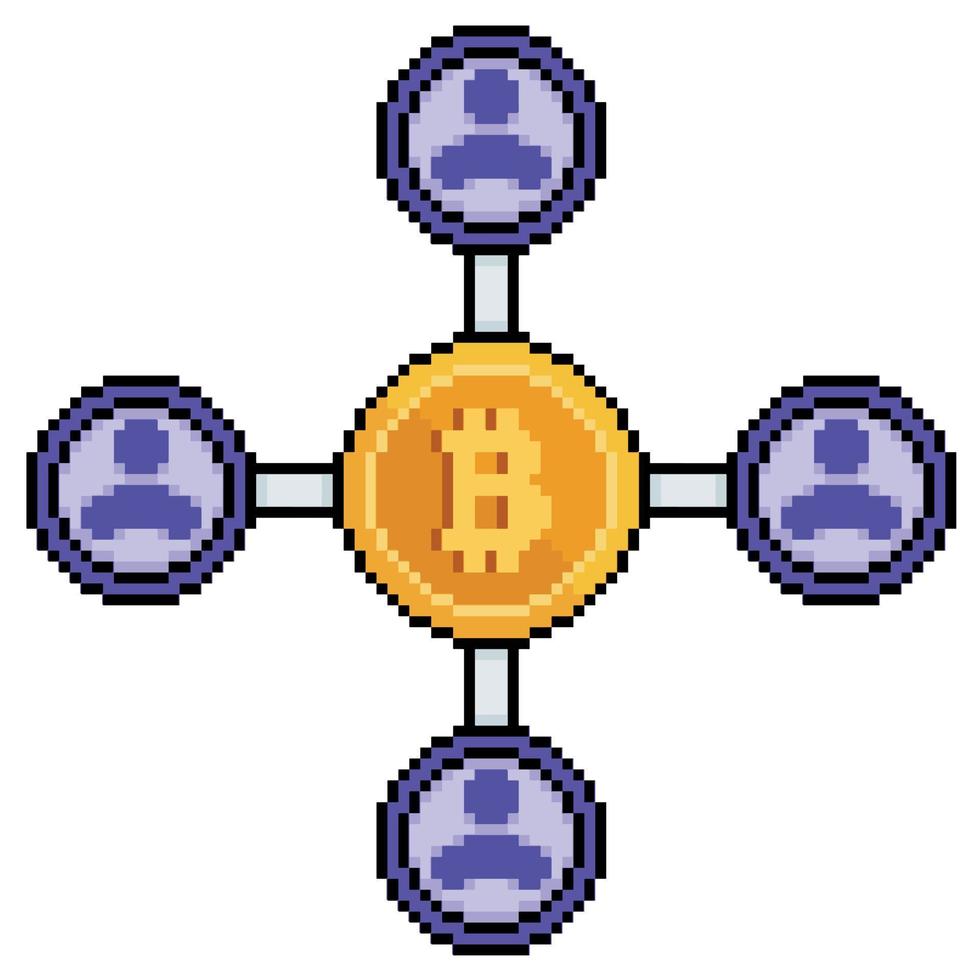 Pixel art network of people connected to bitcoin, diagram of bitcoin and people vector icon for 8bit game on white background